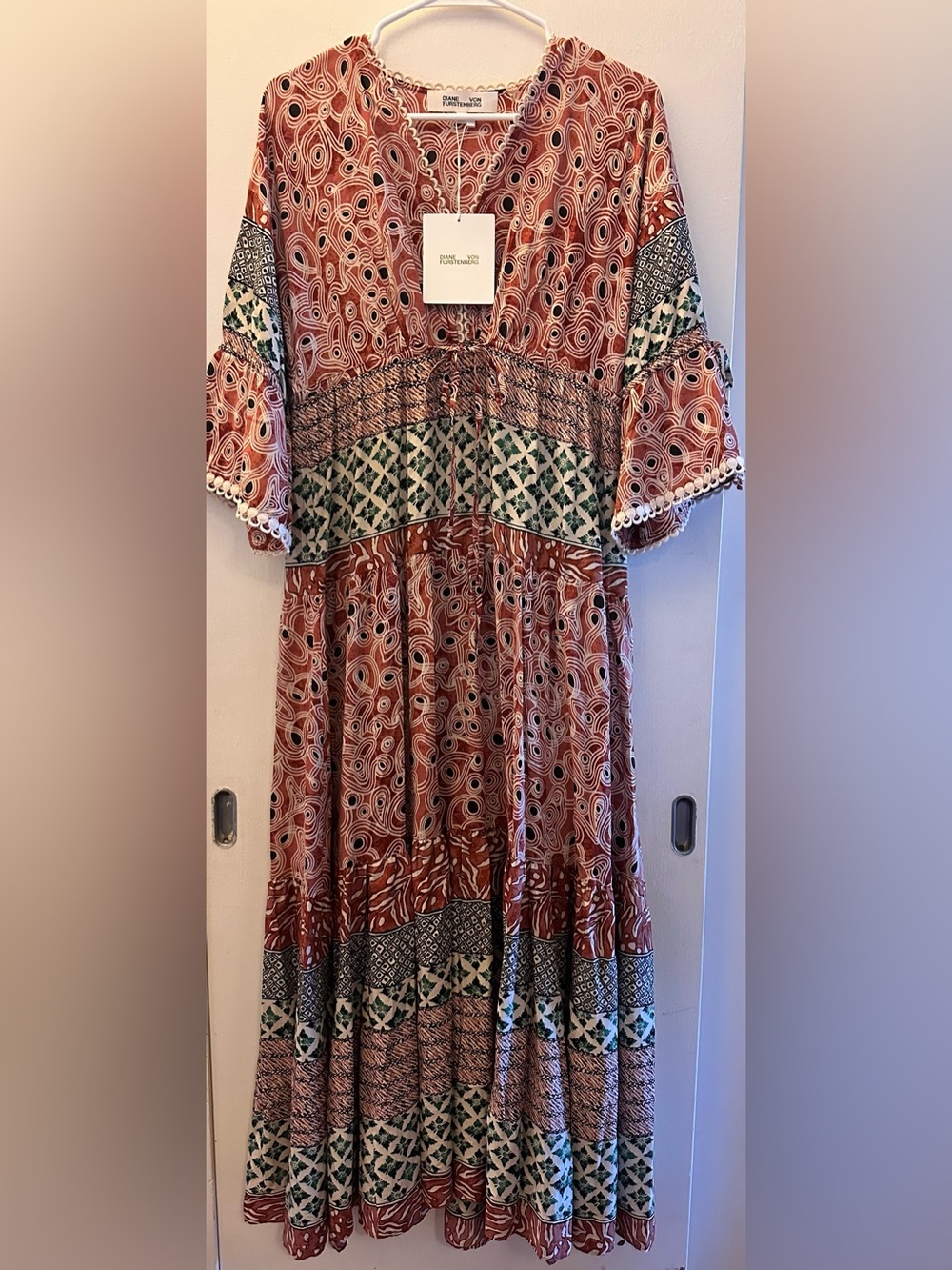 Diane Von Furstenberg Rust and Green Printed Midi Dress Fall Boho